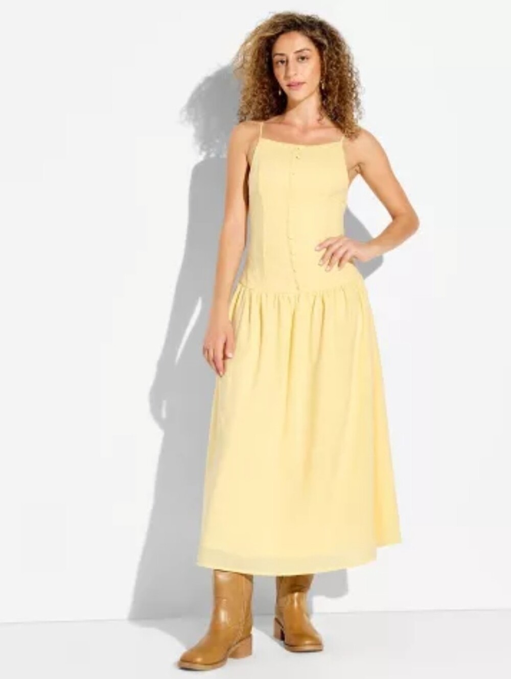Wild Fable Women's High Neck Dropped Waist Midi A-Line Dress Yellow Size S